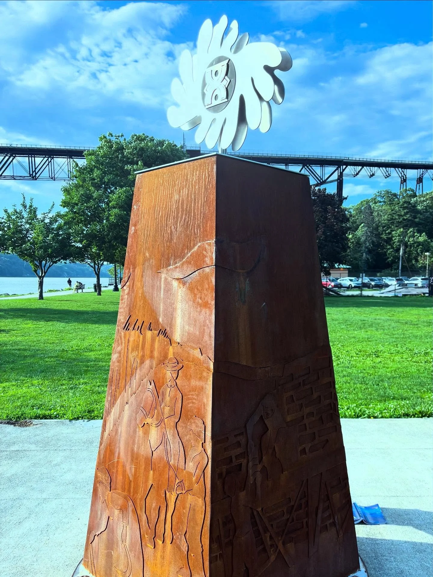 This monument to enslaved peoples contributions to the city of Poughkeepsie and beyond was thoughtfully conceived of by Celebrate The African Spirit. Designed by a young local artist and fabricated in mixed media, corten, stainless steel and brick by