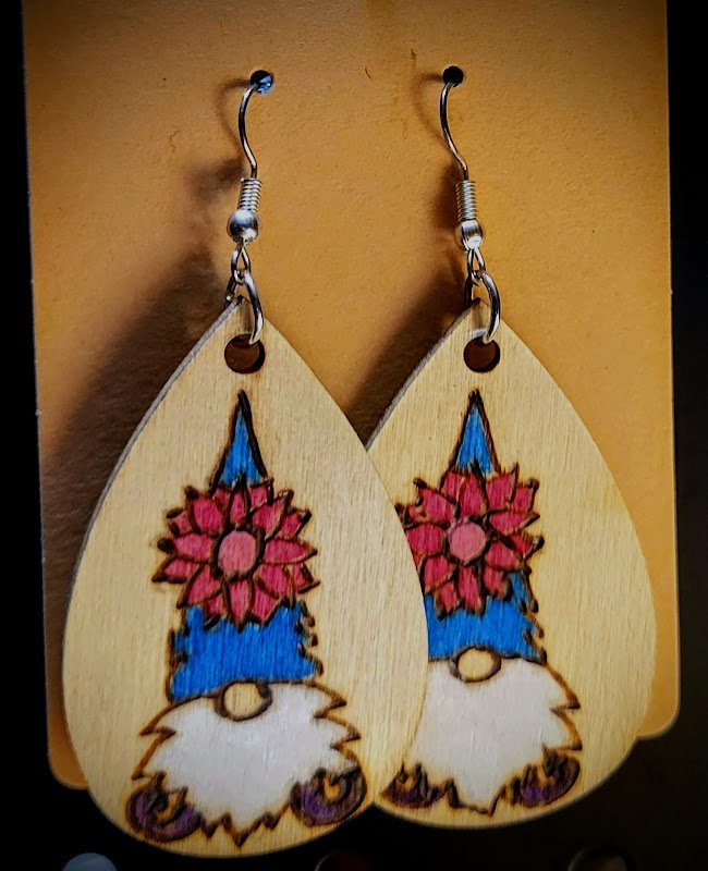 #162 blue gnome with pink flowers earrings