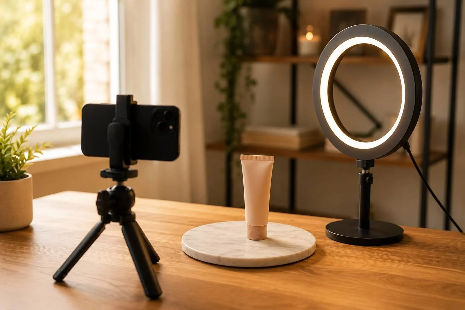 Beginner UGC creator setup with a phone on a tripod, ring light, and skincare product ready to film, no experience required
