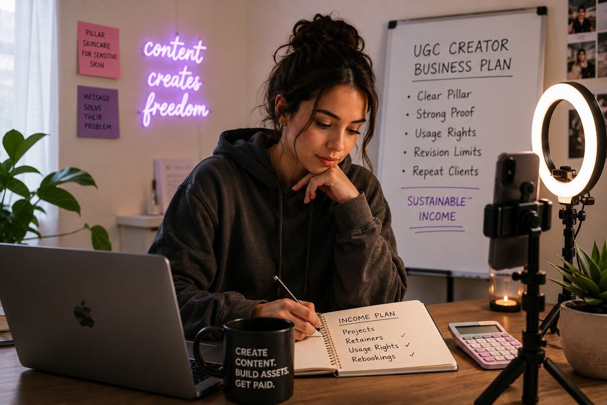 A UGC creator planning monthly income from projects, retainers, and usage rights at her desk.
