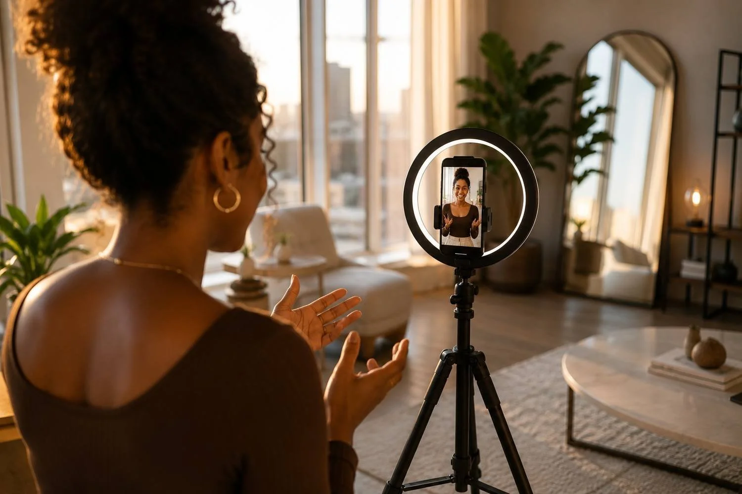 Creator filming an Instagram Reel of herself on a phone with a ring light in a city apartment