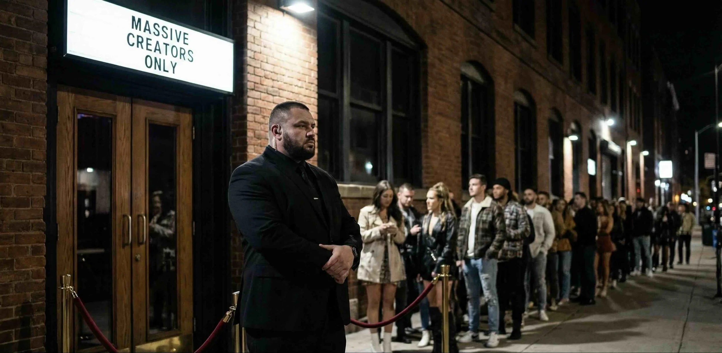 A security guard standing outside a venue with a long line of people waiting to enter at night