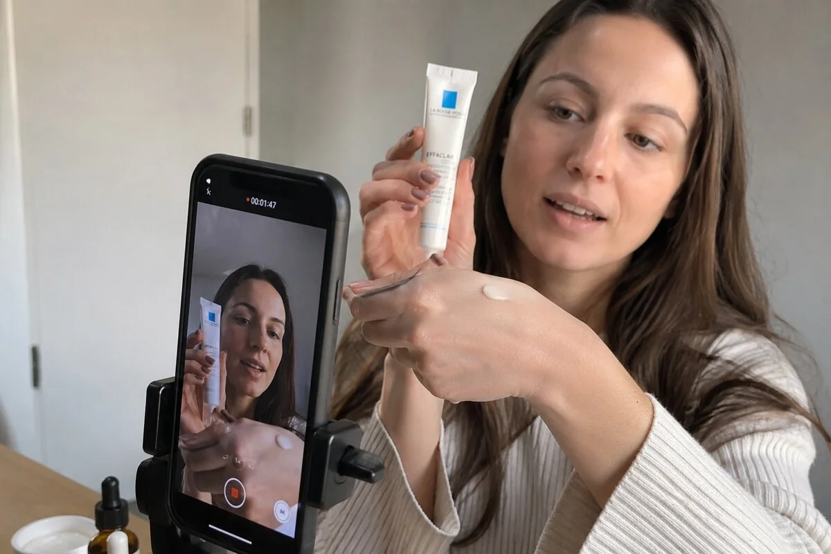 A UGC creator filming a skincare product demo on a phone mounted to a tripod, lit by a window