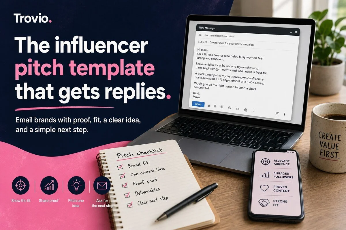 Influencer pitch email checklist next to a laptop showing a short brand pitch.