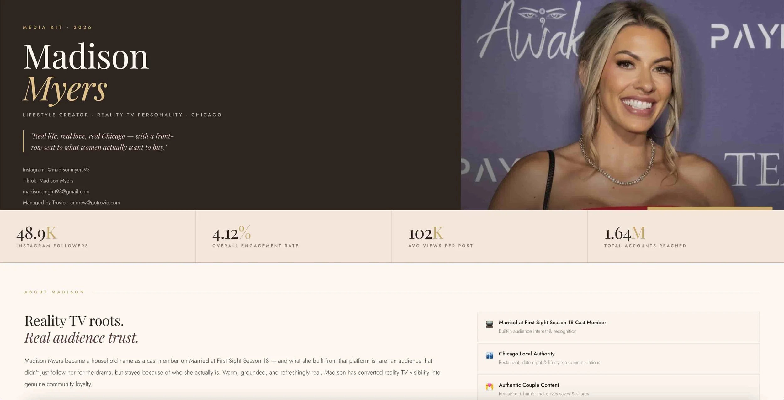 xample of a creator media kit for a lifestyle influencer, showing audience demographics, engagement rate, and brand positioning