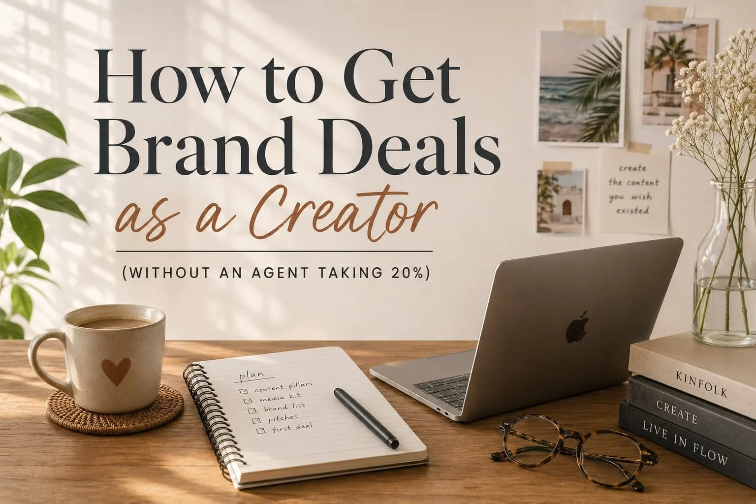 How to get brand deals as a creator guide, featuring a creator's planning checklist with content pillars, media kit, brand list, pitches, and first deal