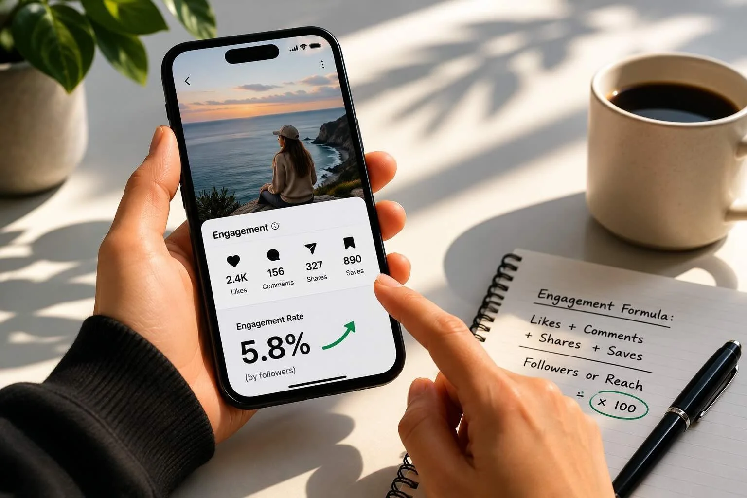 Creator reviewing engagement metrics on a phone, with likes, comments, shares, saves, and engagement rate shown beside a notebook with the engagement rate formula.