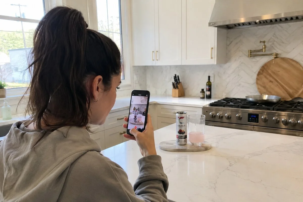 Creator filming an energy-drink review on her phone at a marble kitchen counter, a typical UGC content shoot