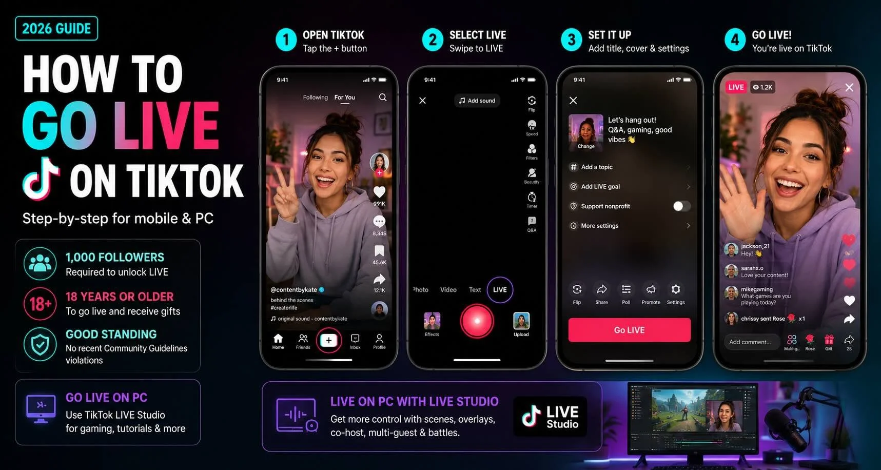 Step-by-step guide to going live on TikTok: open the app, swipe to LIVE, set up your title and settings, and go live, plus going live on PC with TikTok LIVE Studio