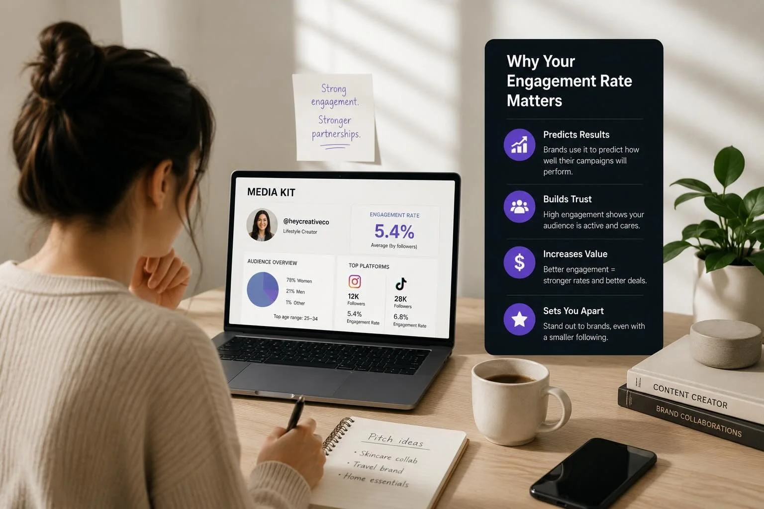 Creator reviewing a media kit on a laptop with engagement rate, audience breakdown, and platform metrics, alongside a visual explaining why engagement matters for brand deals.