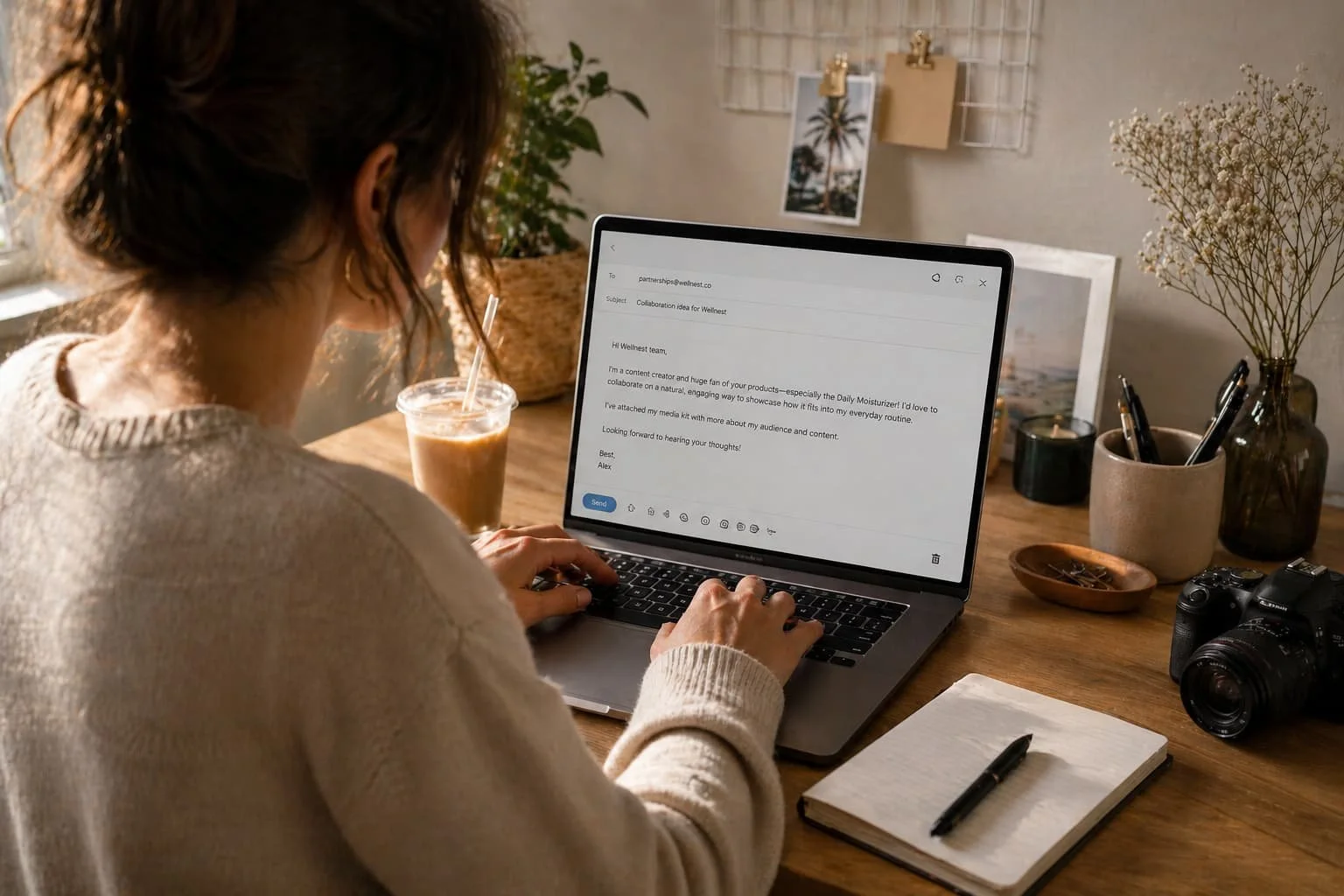 Content creator drafting a brand collaboration pitch email to a wellness brand on a laptop, showing how to write a personalized partnership outreach