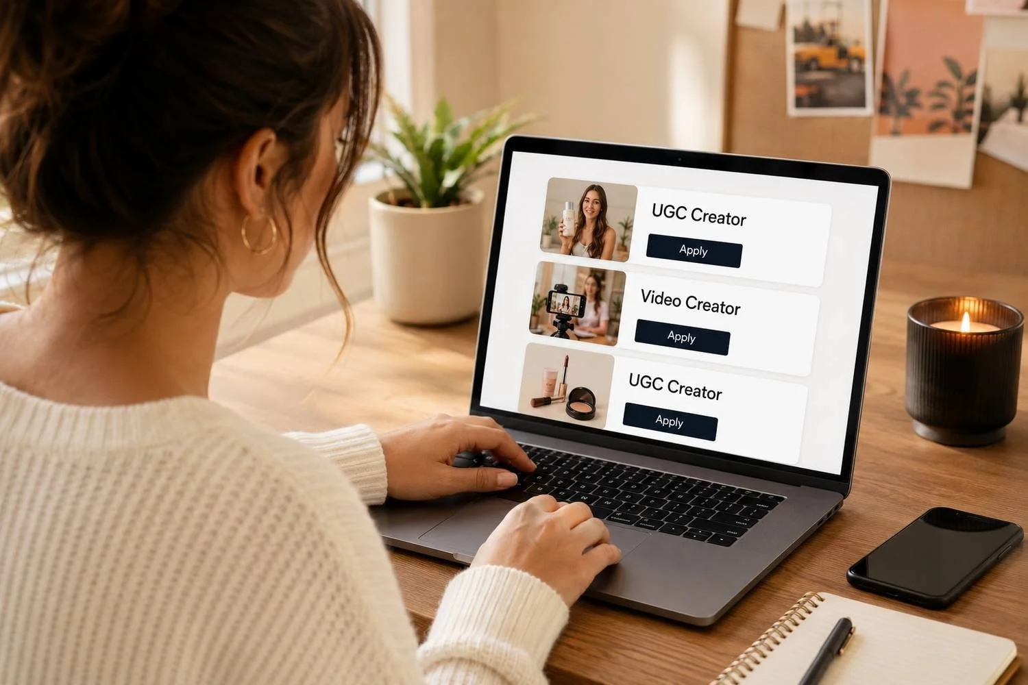 Creator browsing UGC creator jobs on a job board with open listings and apply buttons