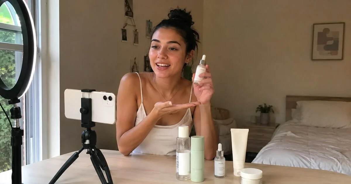 Creator filming a product video on a phone with a ring light at a home desk