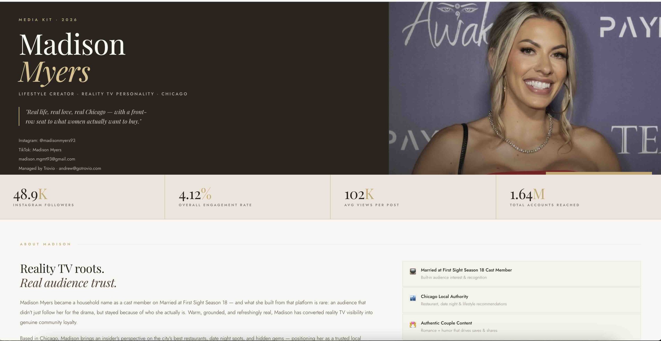 Example of a creator media kit built automatically by Trovio