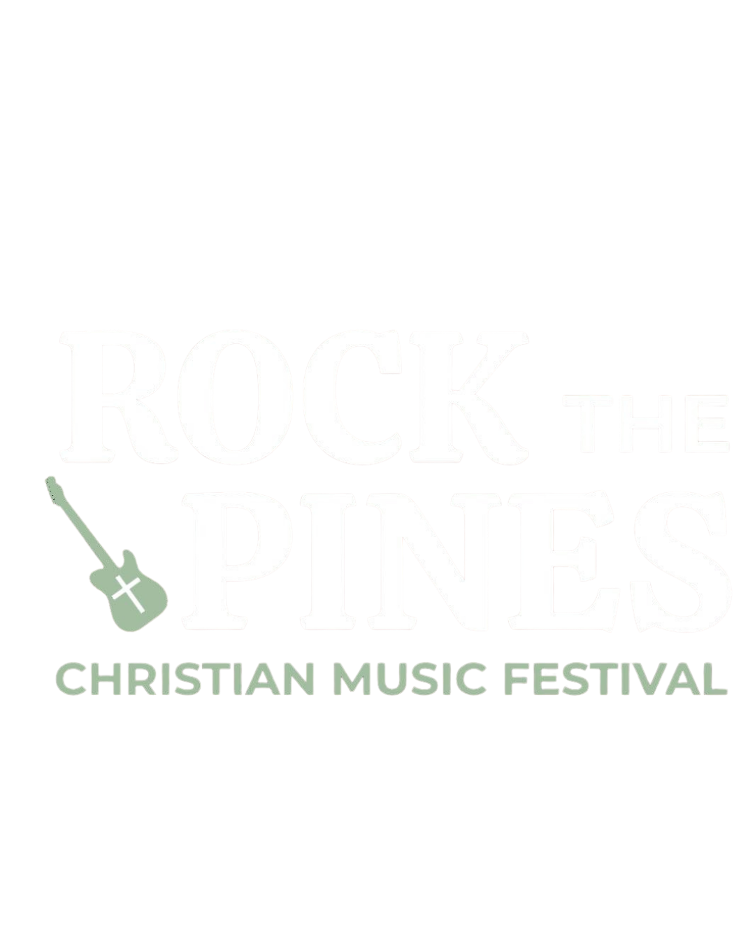 Logo for Rock the Pines Christian Music Festival with a guitar icon. The text 'Rock the Pines' is large and colorful, with 'Christian Music Festival' written below in smaller green letters.