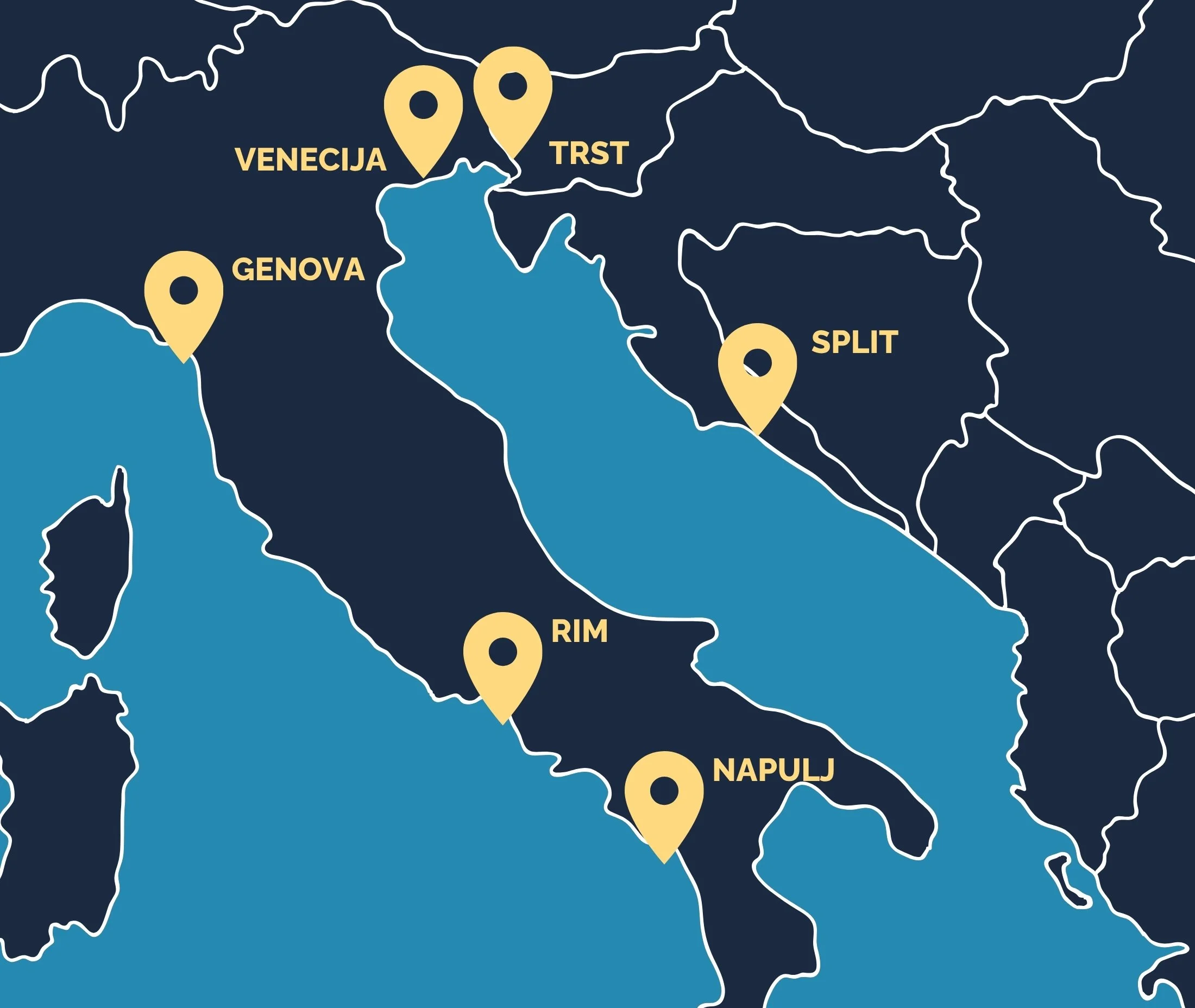 Map of northern Italy showing locations of Venice, Trieste, Genoa, Split, Rim, and Naples with yellow location markers and white outlined borders.