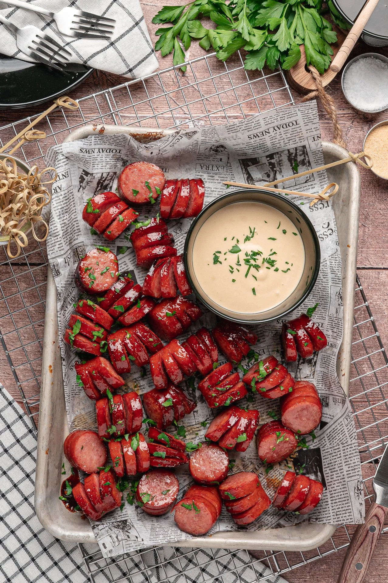 Honey Garlic Hasselback Kielbasa Bites with Creamy Honey Mustard - EXCLUSIVE