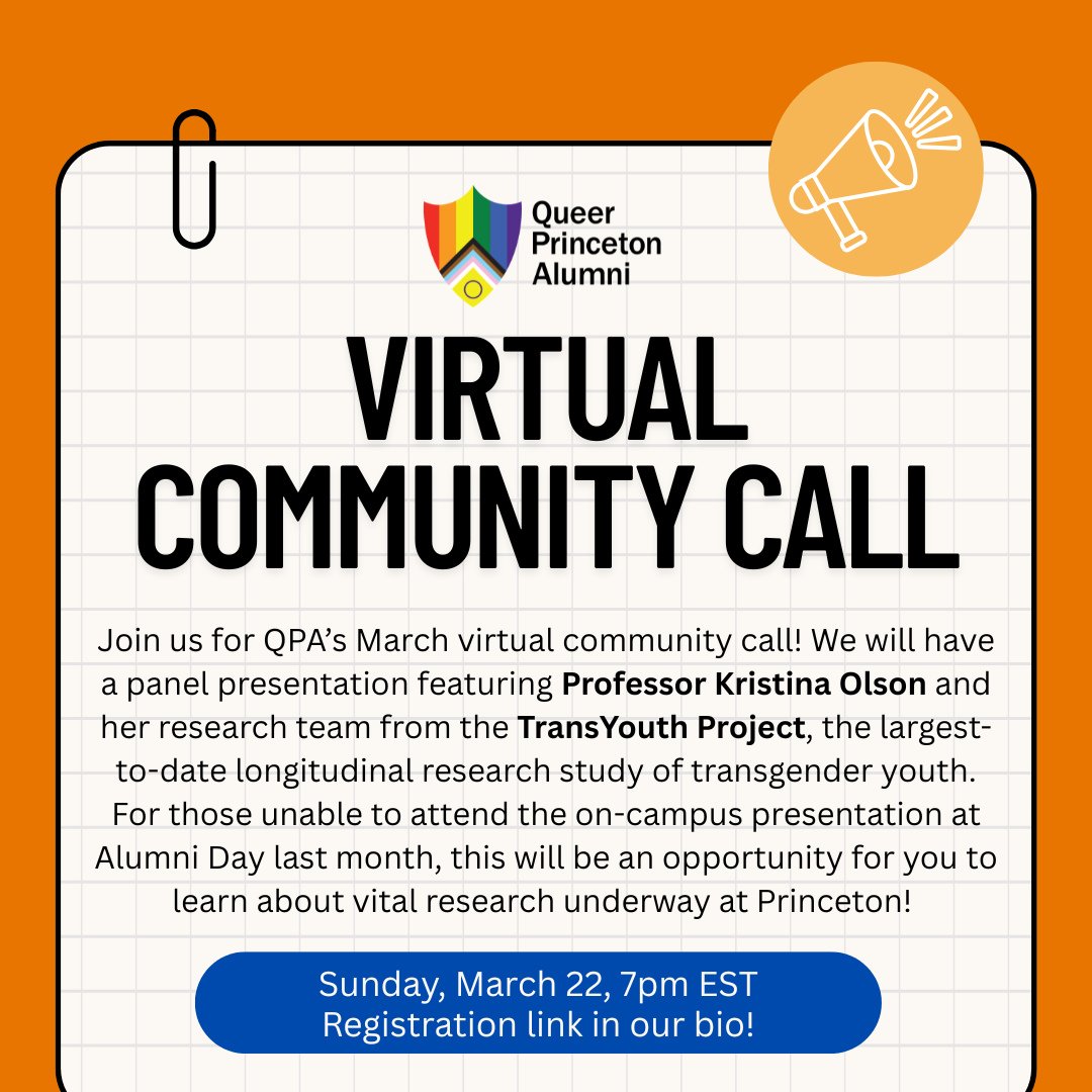 Please join us for this month&rsquo;s QPA Virtual Community Call! ☎️⁠
⁠
This Sunday, March 22nd, at 7PM EST, join us for a virtual panel presentation featuring Professor Kristina Olson and her research team from the TransYouth Project, the largest-to