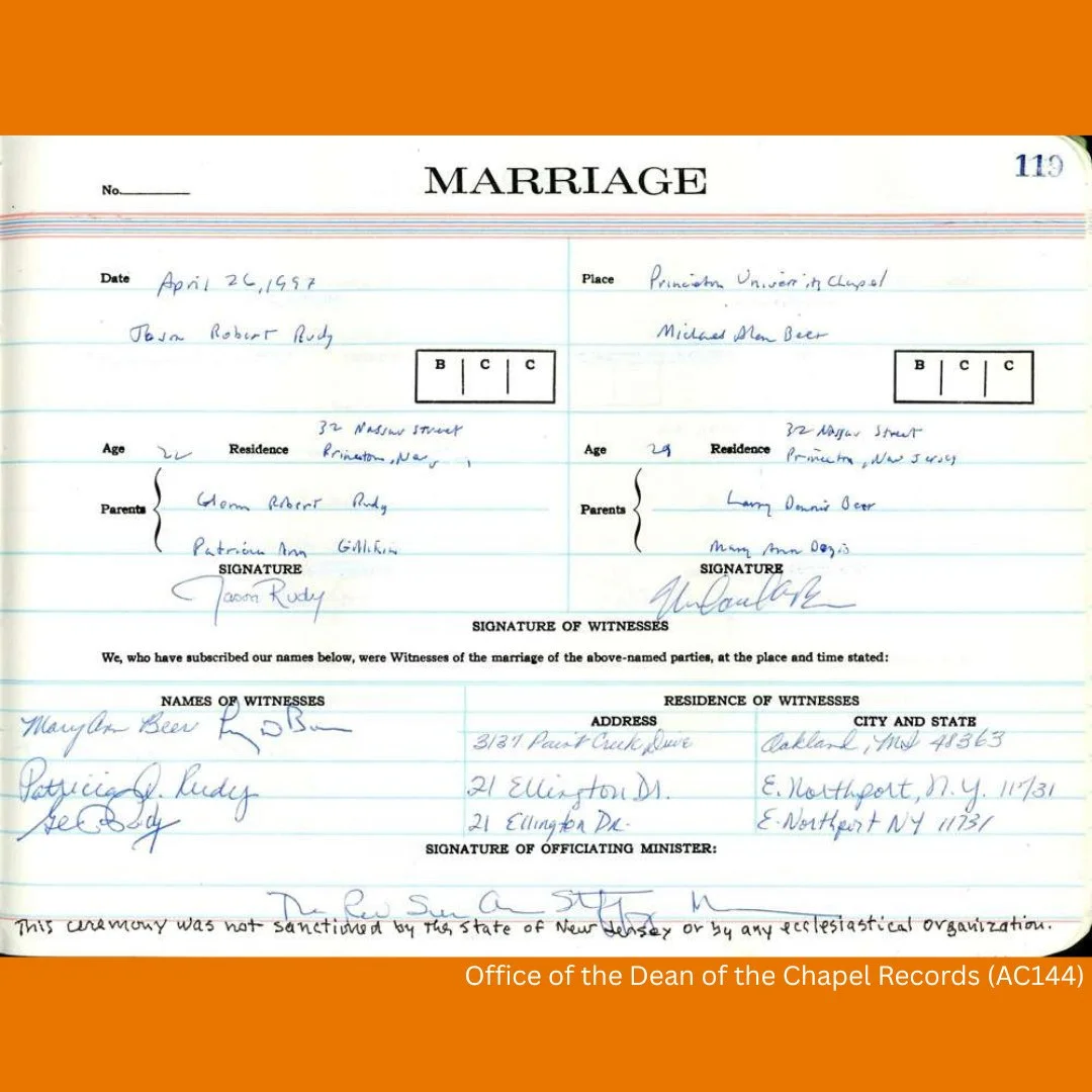 On this day in 1997, Jason Rudy '97 and Michael Beer *95 were married in the first same-sex ceremony in the history of the Princeton University Chapel, officiated by Reverend Sue Ann Steffey Morrow, Associate Dean of Religious Life and of the Chapel.