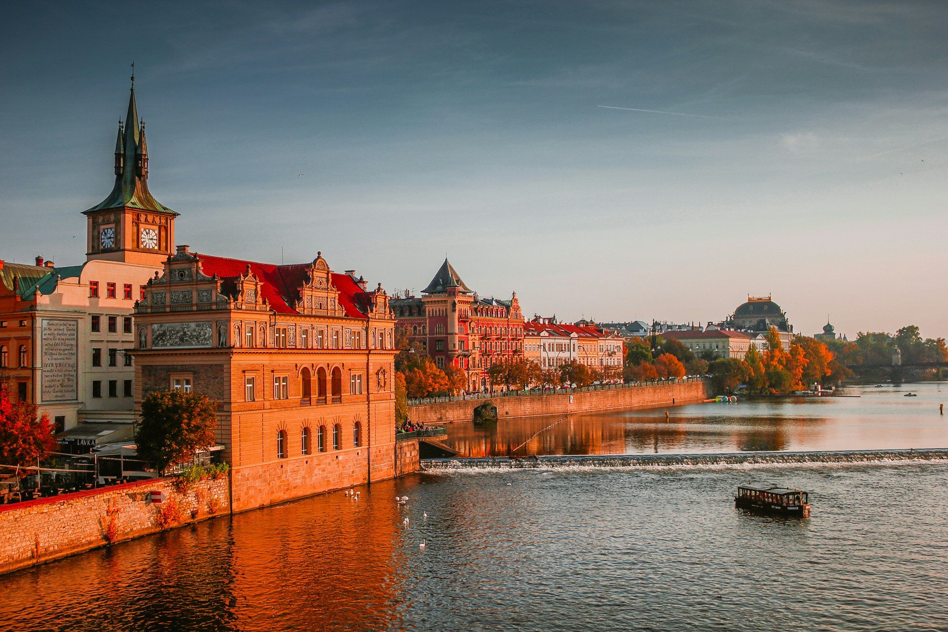 View of Prague Castle and Charles Bridge from a Vltava River lunch and dinner cruise