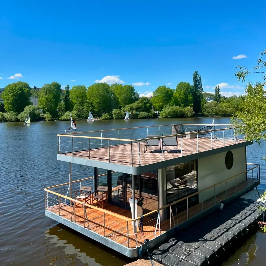 Private houseboat on the Vltava River in Prague used for party cruises