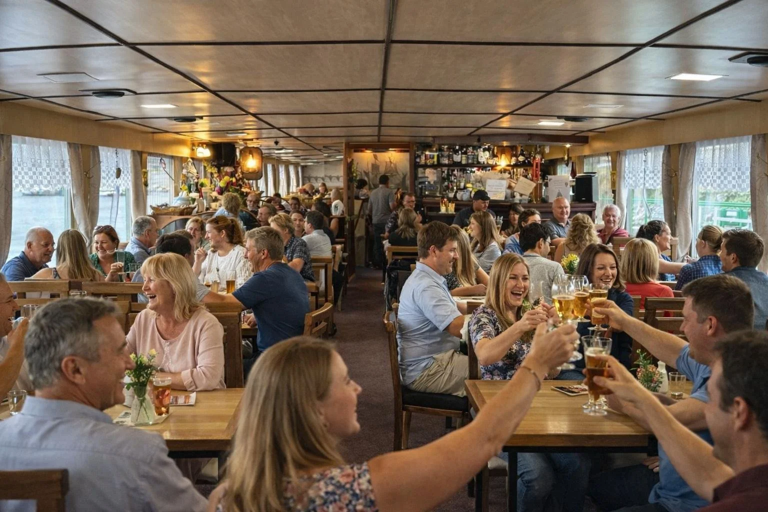 Guests enjoying a lunch and dinner cruise in Prague with buffet and drinks on board