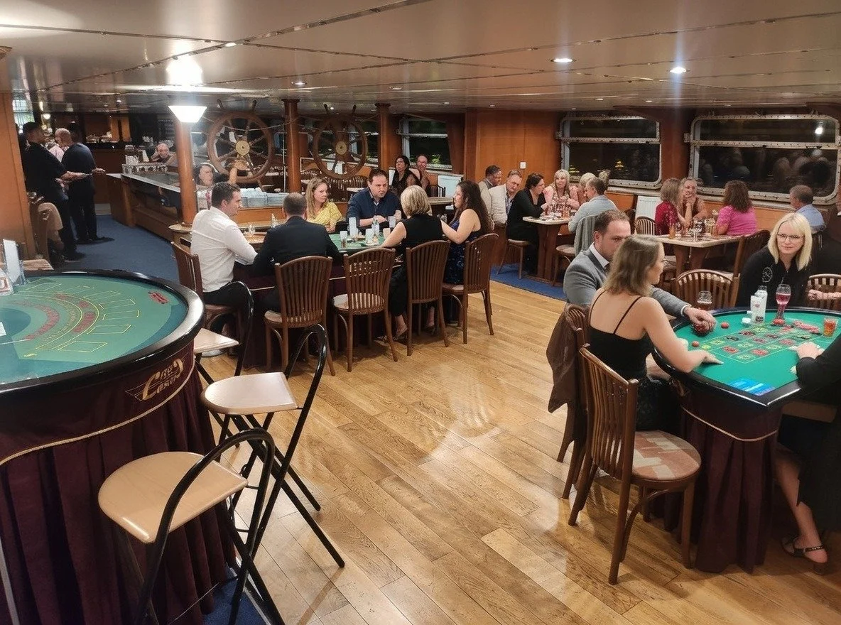 Corporate event setup on a private boat in Prague with indoor entertainment