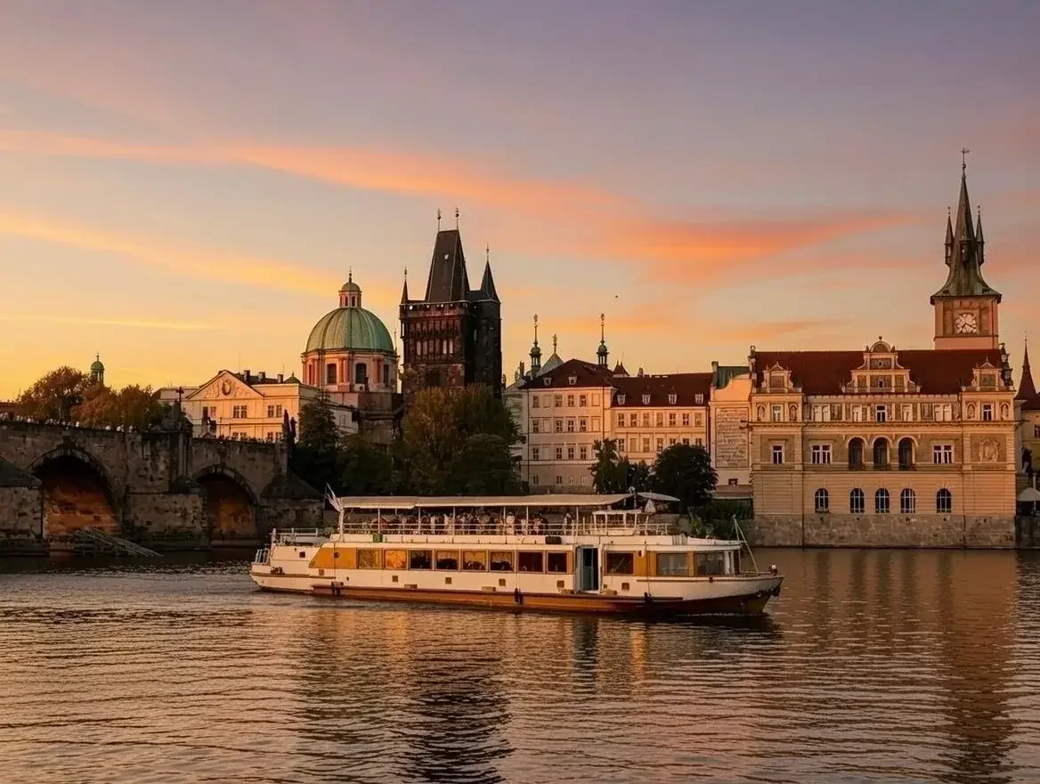 Prague lunch and dinner cruise boat on the Vltava River with Charles Bridge at sunset