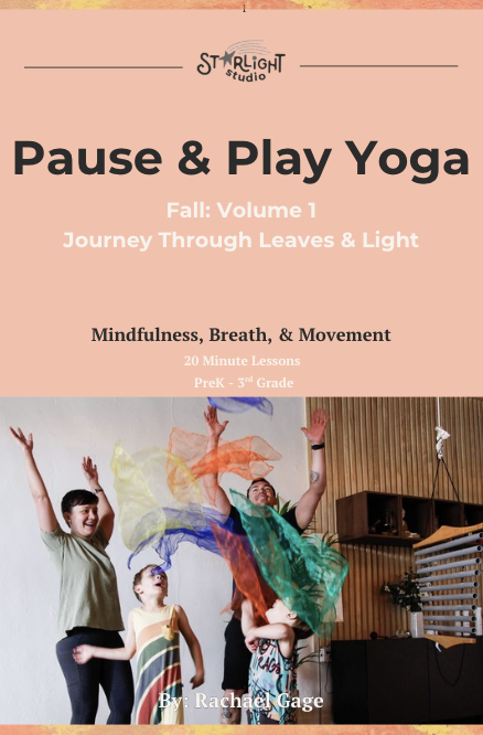 Cover page for 'Pause & Play Yoga' with children in colorful costumes spinning and playing in a studio.