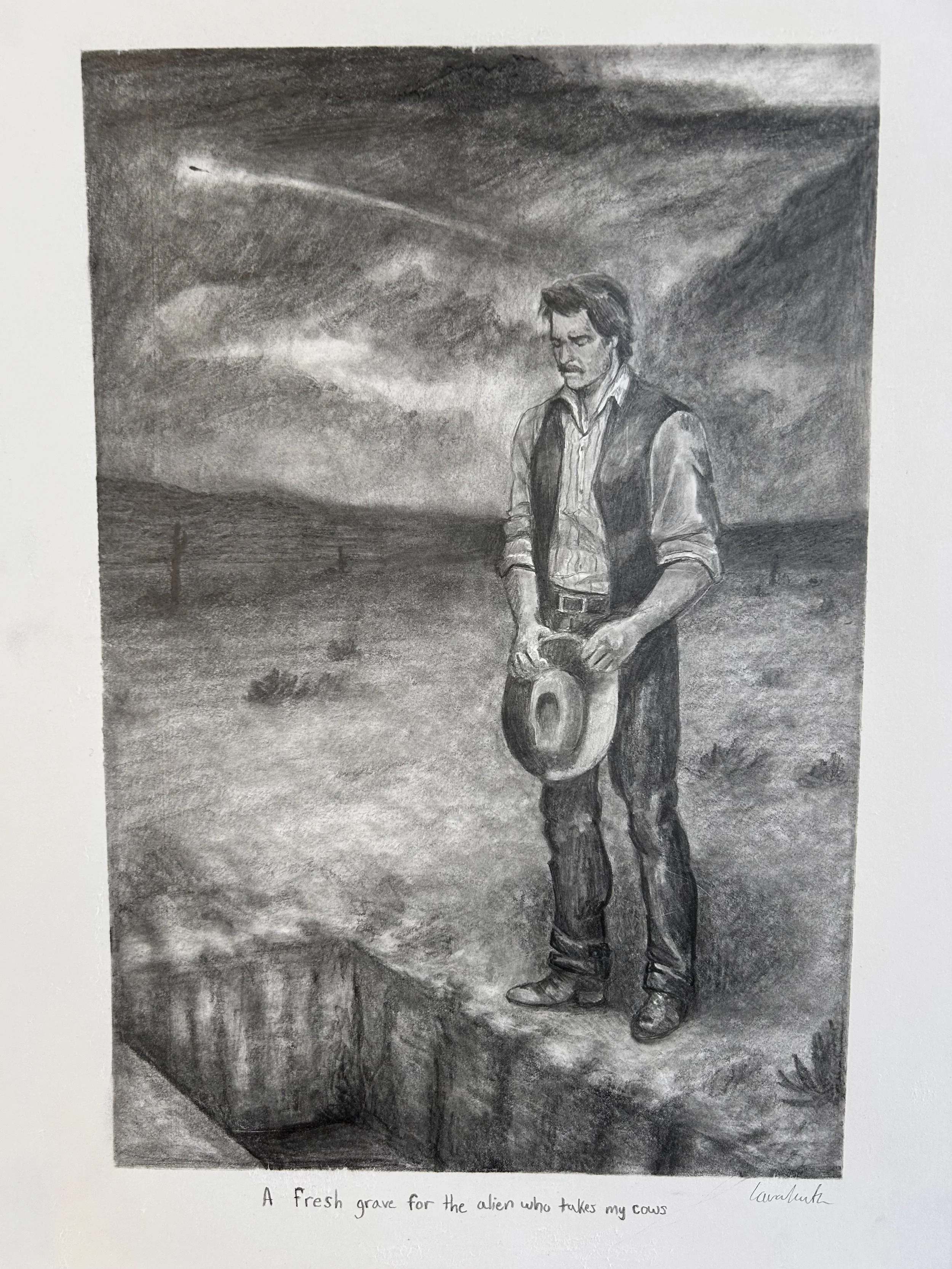 A Fresh Grave For the Alien Who Takes My Cows - Graphite on Paper