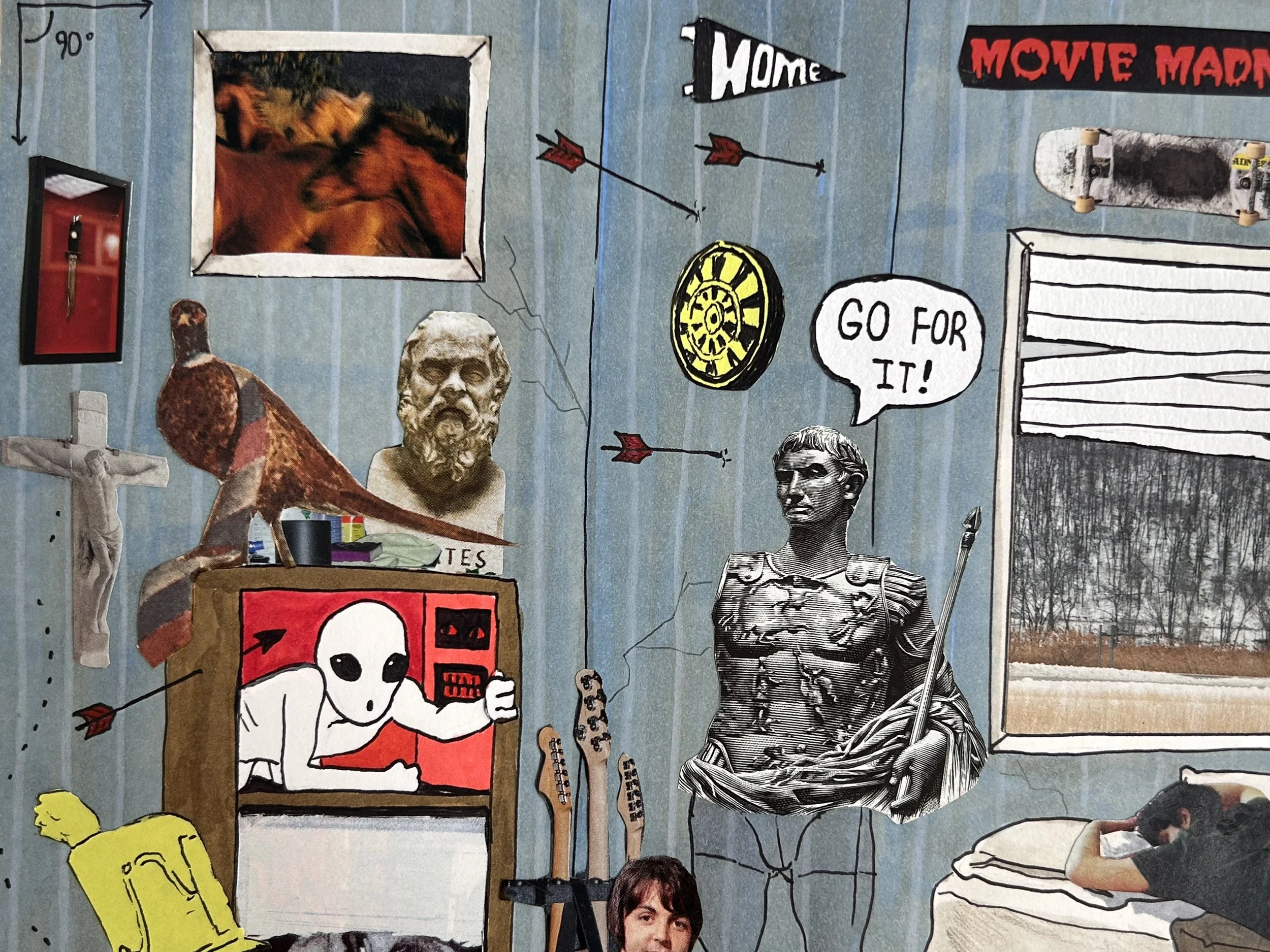 Playing In My Boy Room, 2026 - 11 x 14 inches, mixed media and collage on paper
