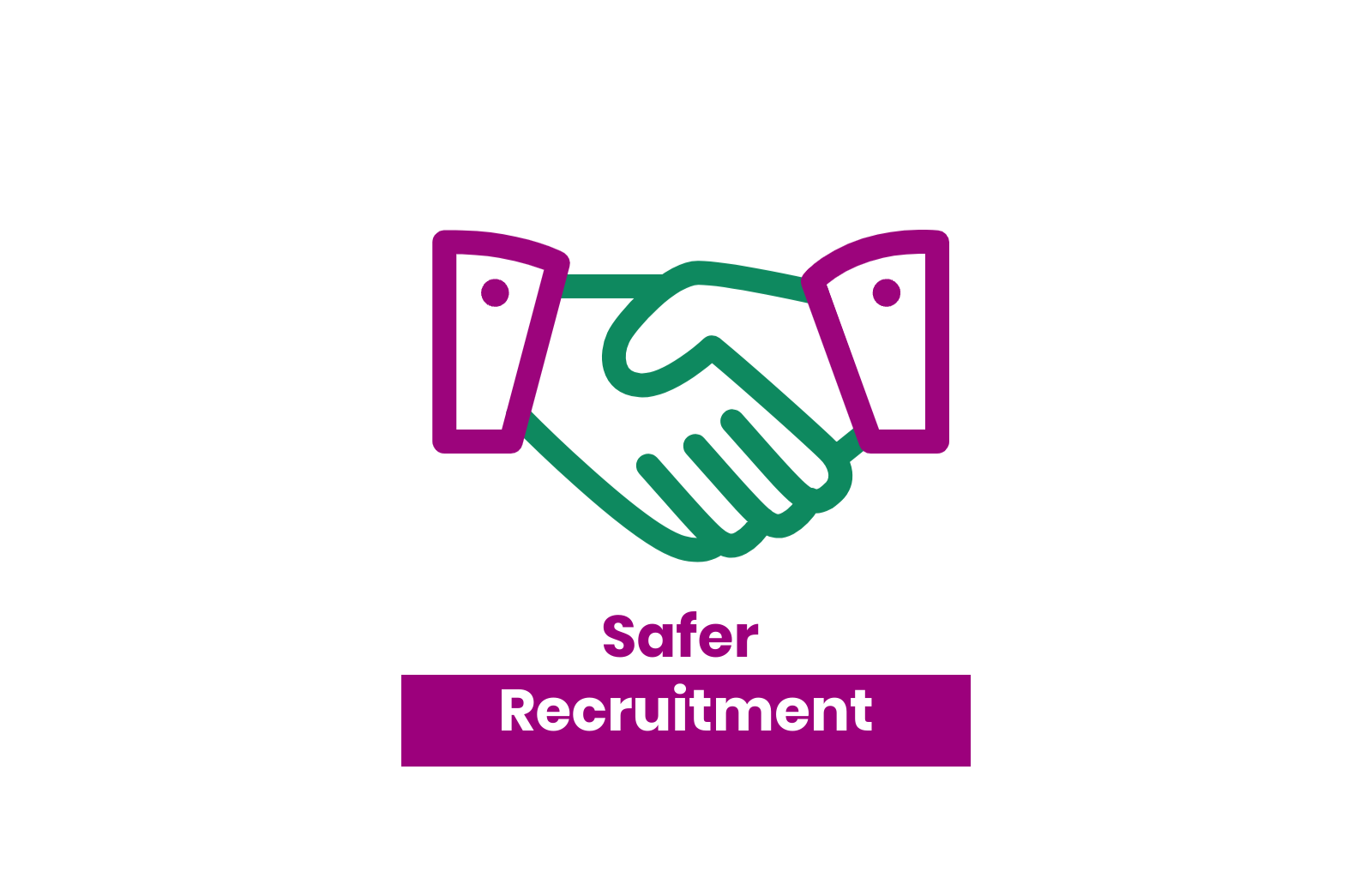 A graphic of a green handshake with purple cuffs, with the words "Safer Recruitment" below in purple and black text.