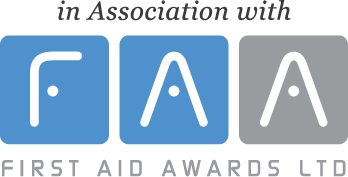 Logo of First Aid Awards Ltd with text "in Association with FAA" and design elements of stylized letters F, A, A in blue and gray.
