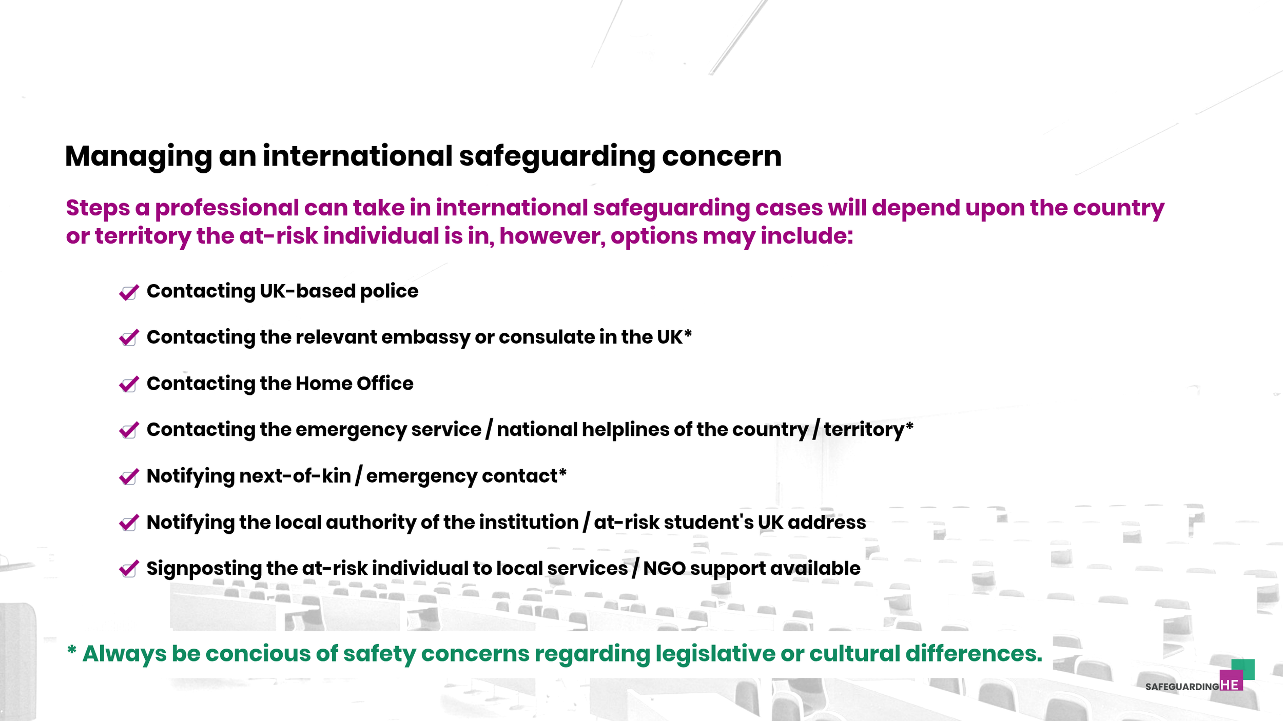 Key considerations in managing an international safeguarding concern.