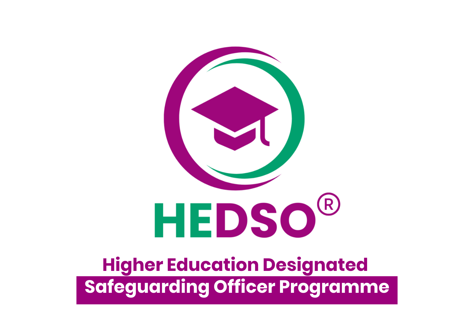 Logo of HEDSO with a purple and green circular emblem featuring a graduation cap in the center, and the text "Higher Education Designated Safeguarding Officer Programme" below.