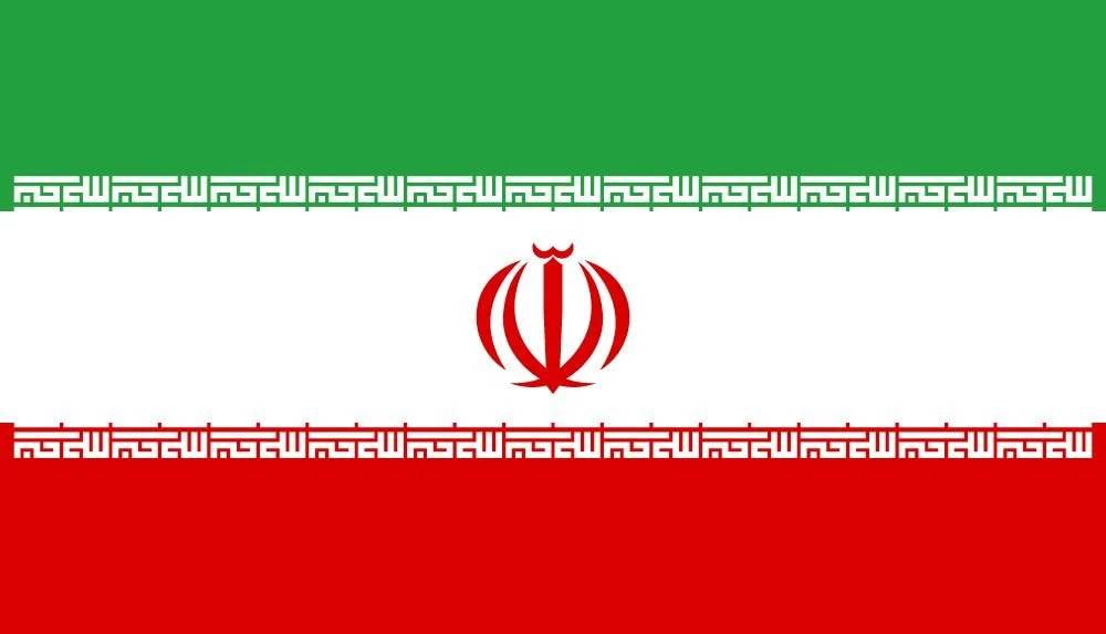 Iranian flag with green, white, and red horizontal stripes and a red emblem in the center.