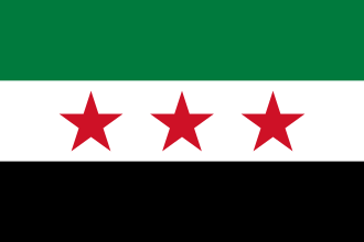 Flag of Syria with three horizontal stripes: red at the top, white in the middle with two green stars, and black at the bottom.