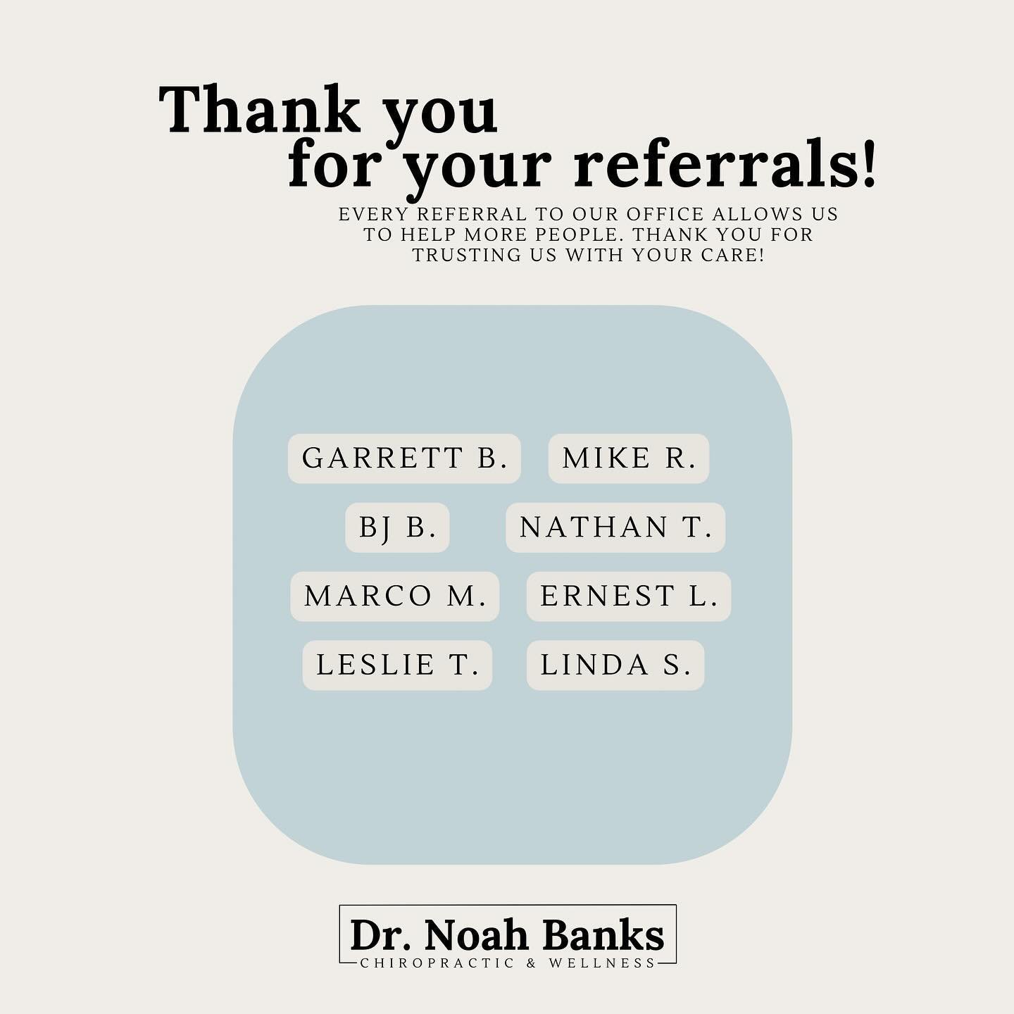 Referral Friday! 

We are grateful for those who have shared our chiropractor office with friends, family, and co-workers. Every referral enables us to assist more people in our community &amp; spread the word about natural healing!