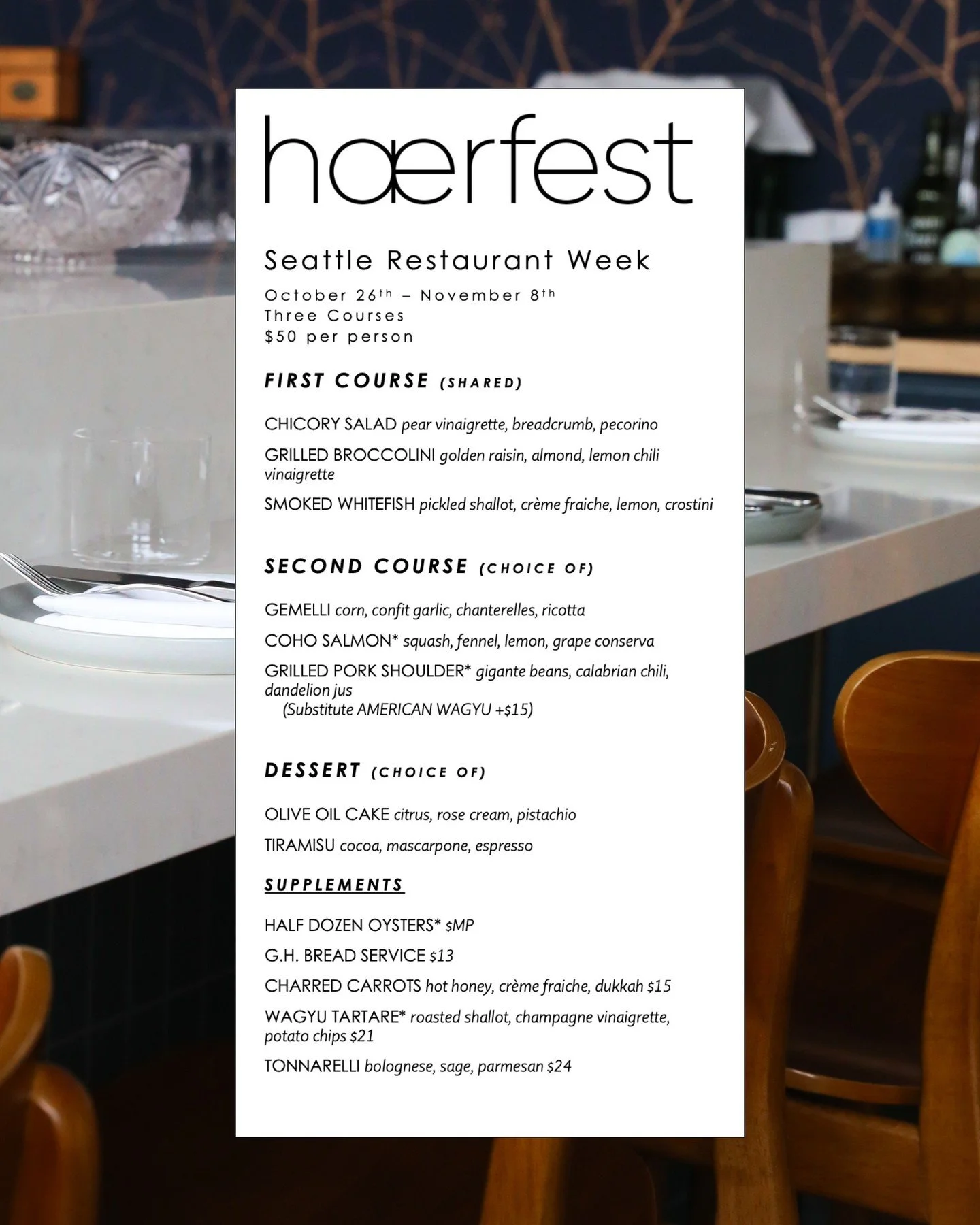 Seattle Restaurant Week starts this Sunday! Enjoy our three-course menu for a limited two-week run. Our &agrave; la carte menu will be served at the bar only.

Reserve your spot via the link in bio. 🔗