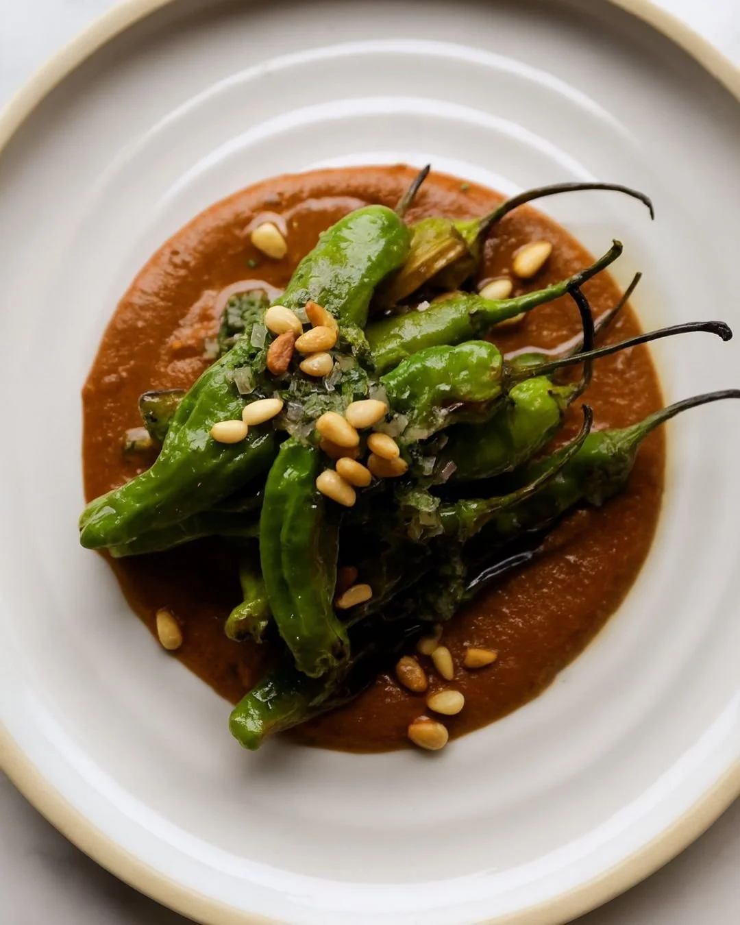 Blistered shishitos made with romesco, pine nuts, and gremolata. A thoughtful composition of smoke, spice, and citrus. Ideal for sharing, and the perfect start to your meal.

#seattlerestaurant #generalharvestseattle #locallysourced #shishitopeppers