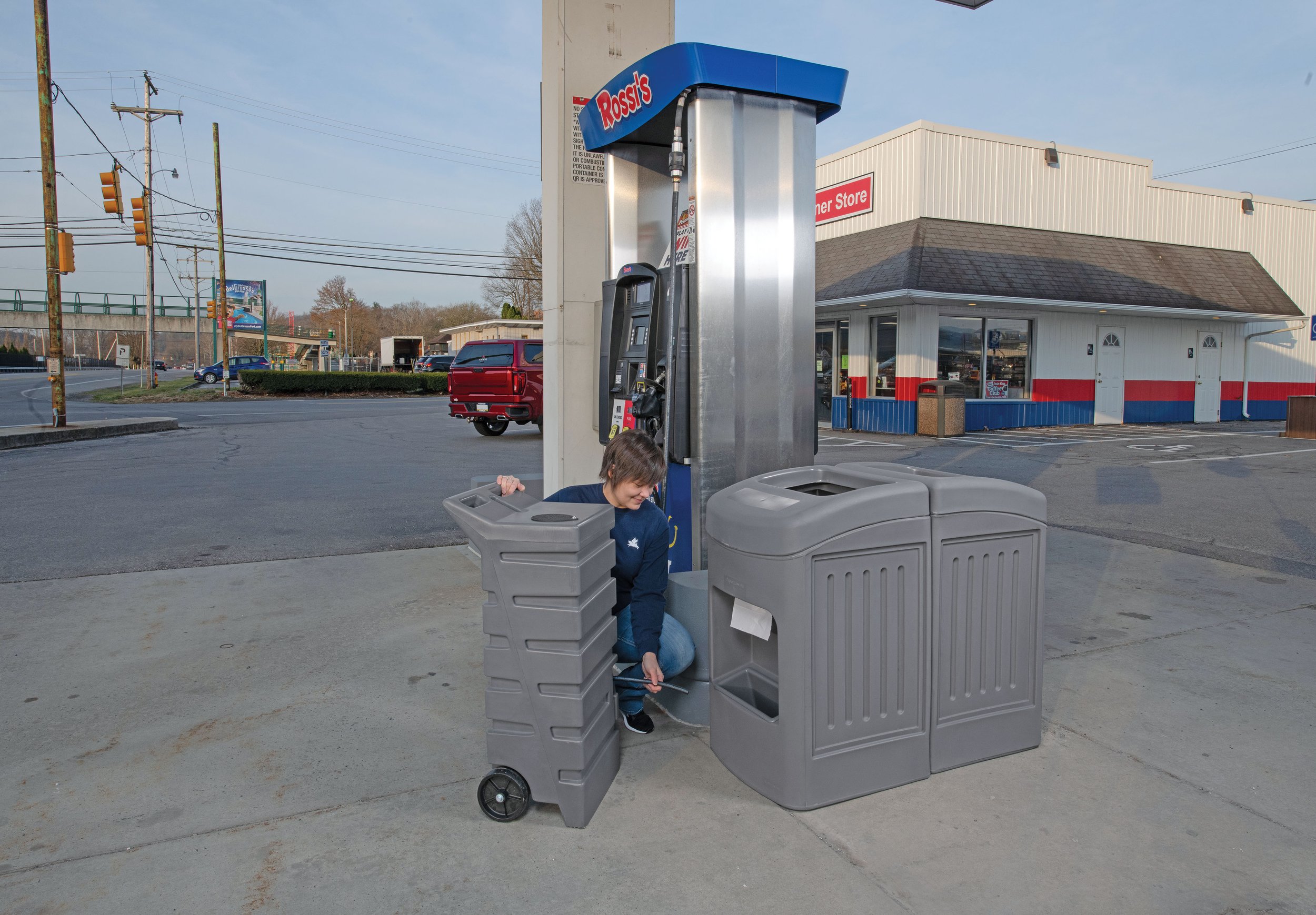 MasonWays® Rhino Waste & Windshield Service Center outdoors at a fuel pump
