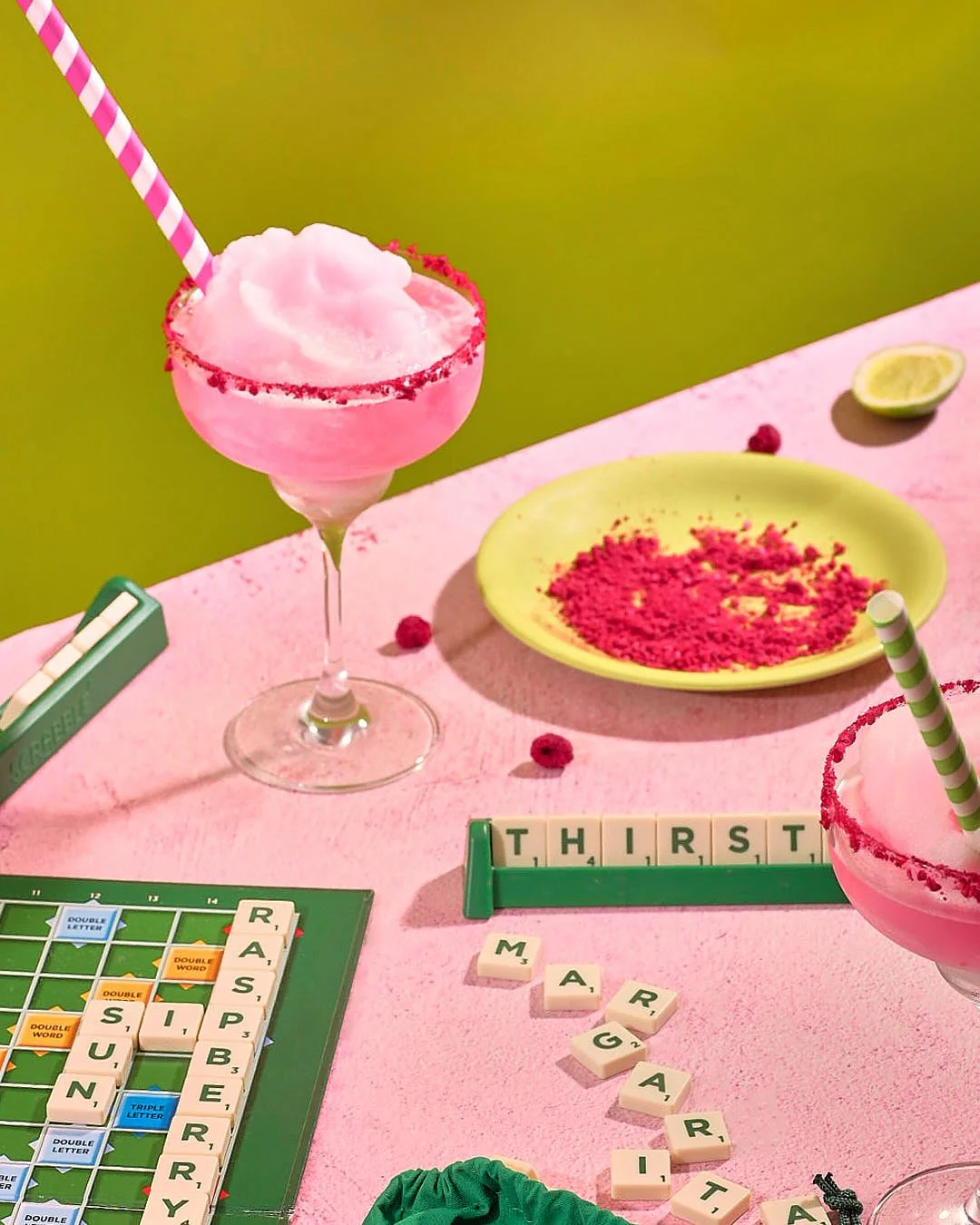 Raspberry frozen Margarita's with scrabble game captured by Jan - The Resilient Creative - Food Photographer in Far North Queensland Australia