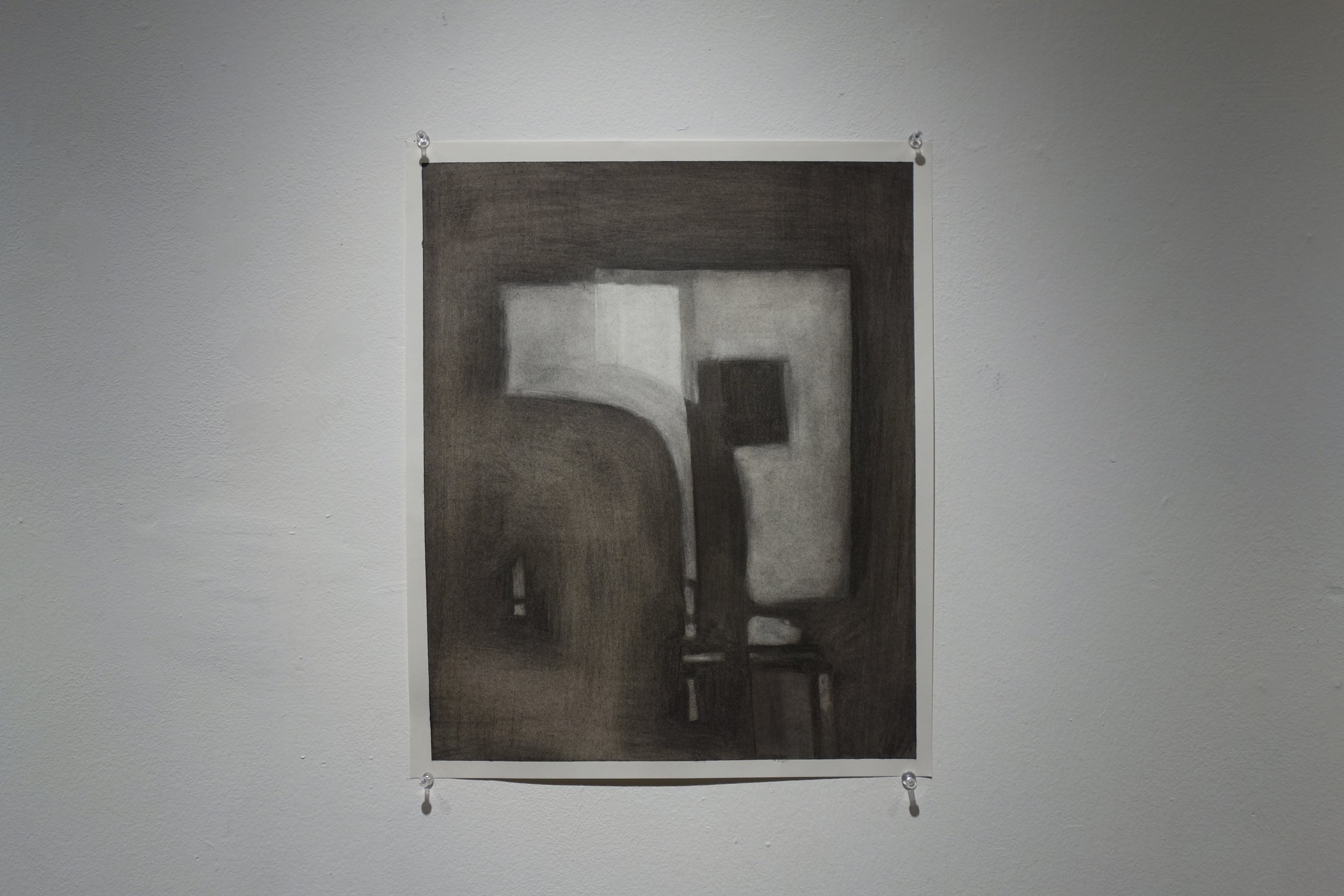 Un pigeon dans mon plafond. Charcoal on paper. 14" x 17". 2026.