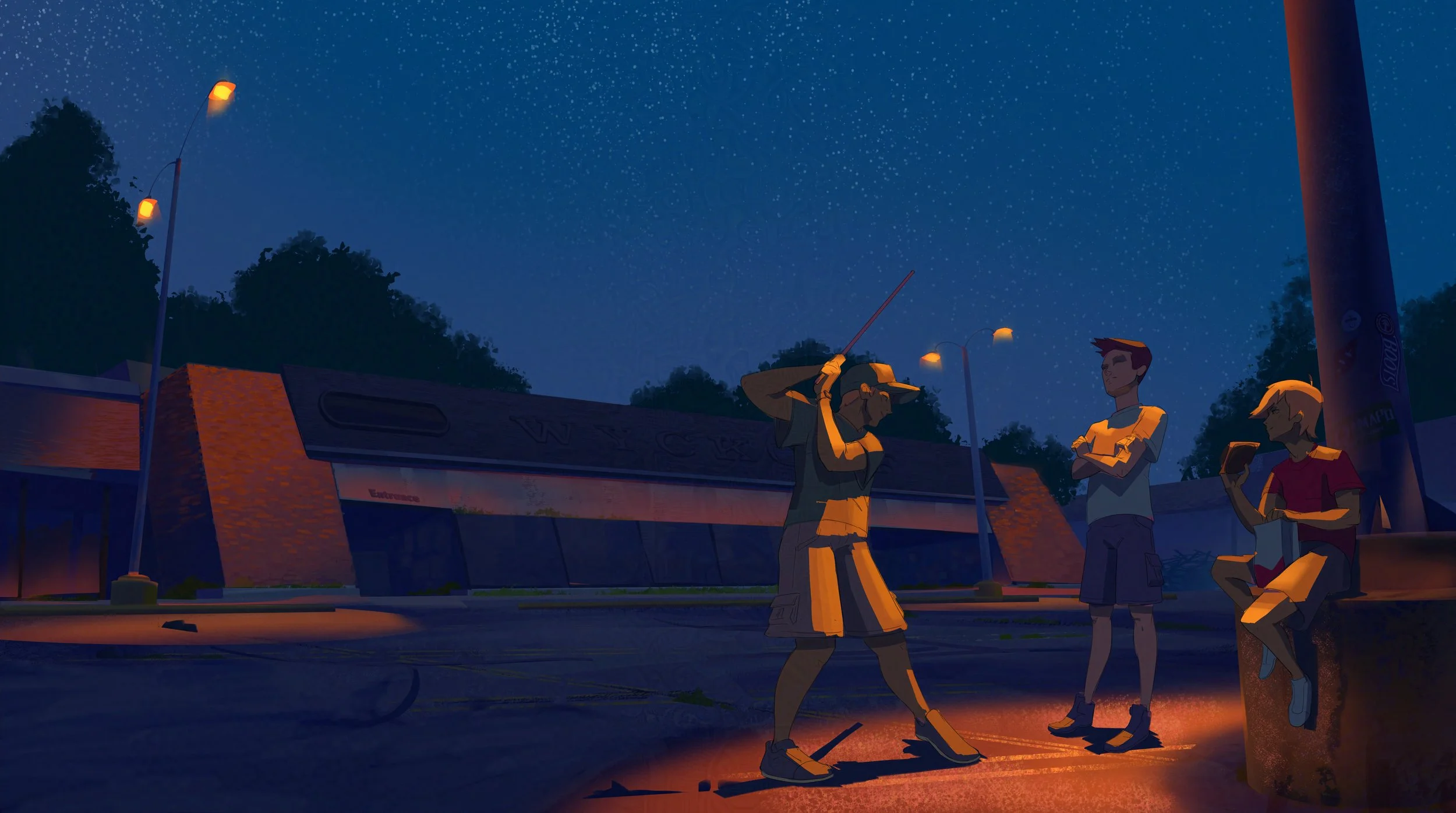 Asphalt Summers - Nighttime of him and his friends hanging out eating food.