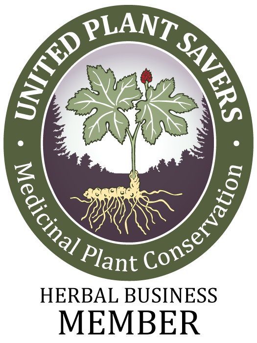 Seal with a green border that reads ‘United Plant Savers’ and ‘Medicinal Plant Conservation.’ Inside, a drawing of a plant with leaves and a small red flower. The root system is visible beneath the plant, set against a background of dark green trees.