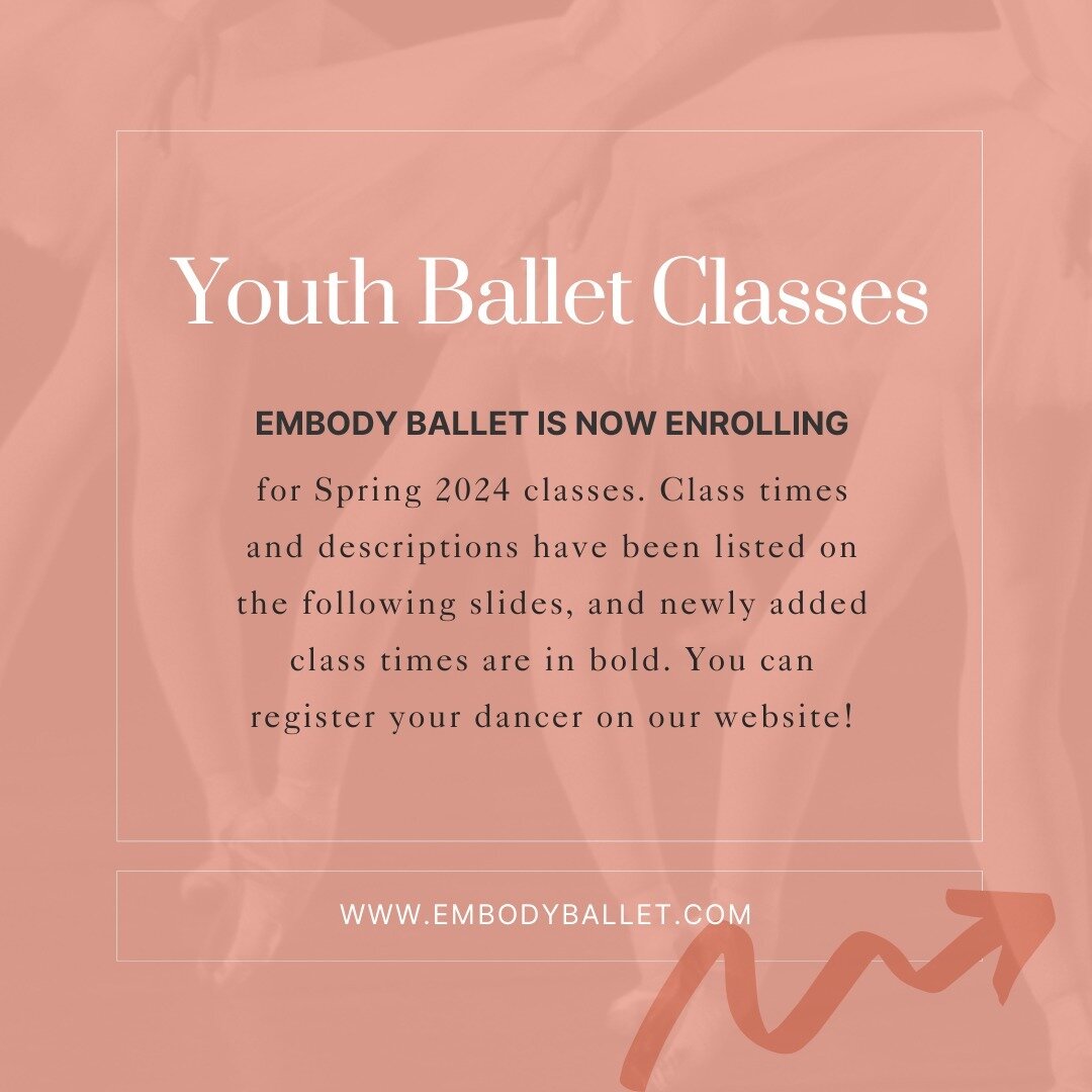 🌸 Spring Enrollment Now Open! 🌸 
Join us for our Spring 2024 youth ballet classes! From our adorable 2-3 year olds to our seasoned dancers, there's a class tailored just for you! 
Our littlest dancers start twirling THIS Saturday, March 16th, while