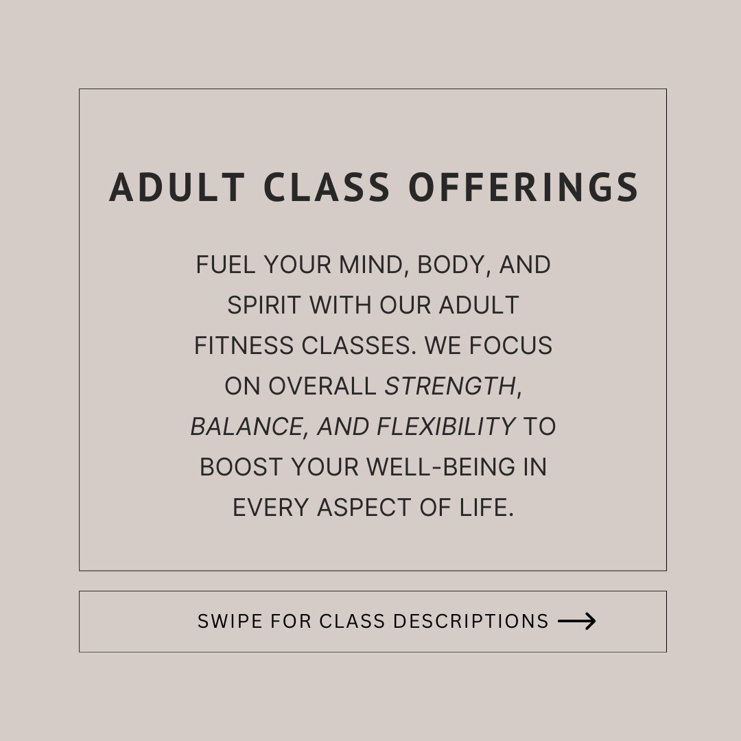 Our Adult Fitness Classes Begin NEXT WEEK! Have you signed up yet?
We are offering:
🌸 Floor Barre 
🌺 Barre
🌷 Yoga
🌹 Adult Ballet 
Scroll through this post for class descriptions!
You can reserve your class spot on our website. We can't wait to mo