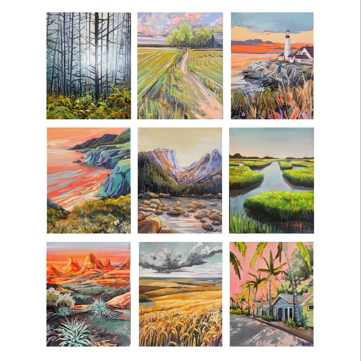 Nine new pieces ready to hit the road to @kkgalleryla Each painting is a 16 x 20 inch acrylic on gallery wrapped canvas. This was so fun to try and capture the immense diversity of our nations landscape! Each one is paired with a title of a phrase yo