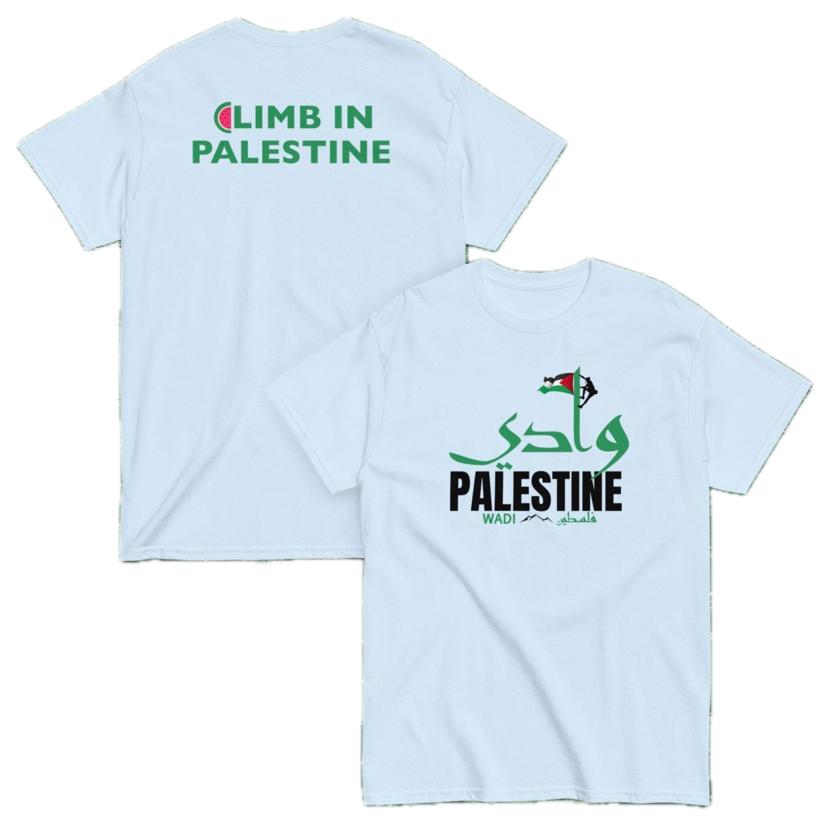 Two white t-shirts with graphics related to Palestine, one with the text "Limb in Palestine" and the other with Arabic and English text "Palestine" and "Wadi", both featuring Palestinian flags.