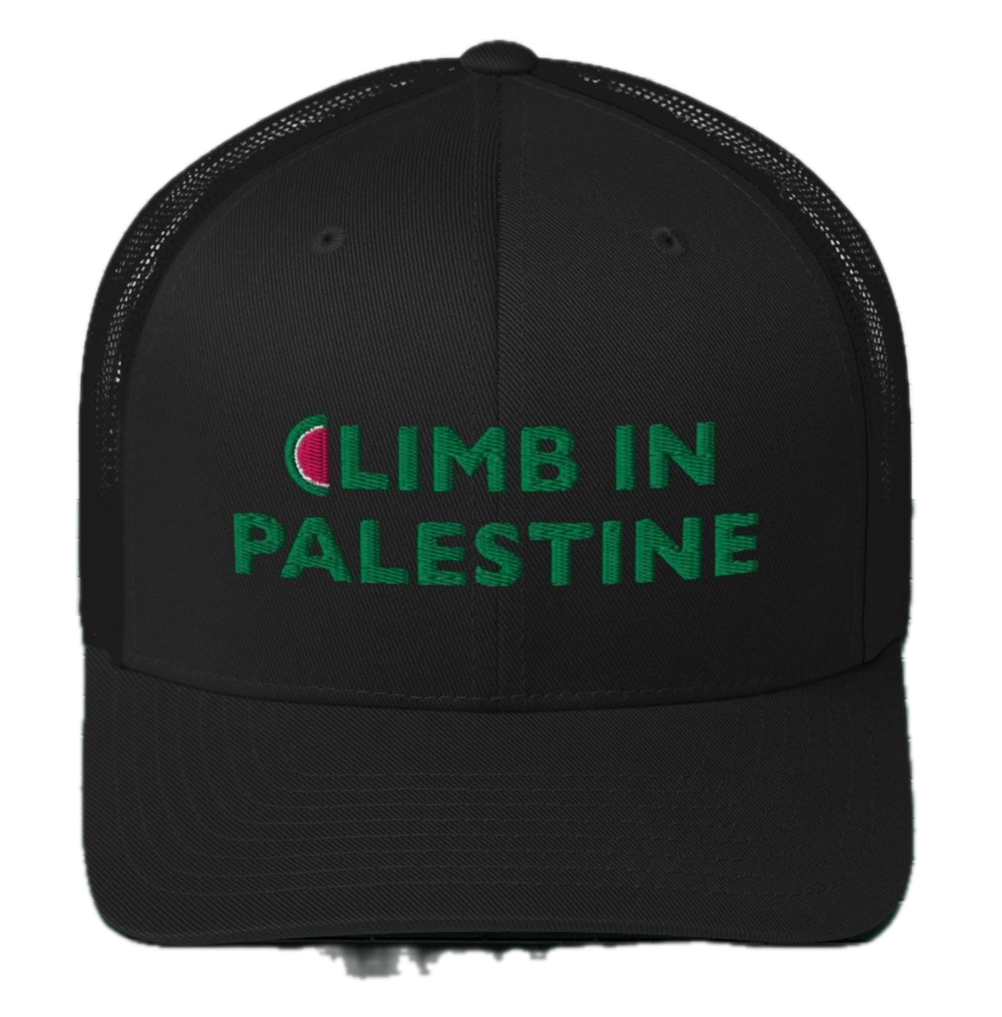 Black baseball cap with green and pink embroidered text that reads "Climb in Palestine", with a pink and green semi-circular design resembling a watermelon slice.